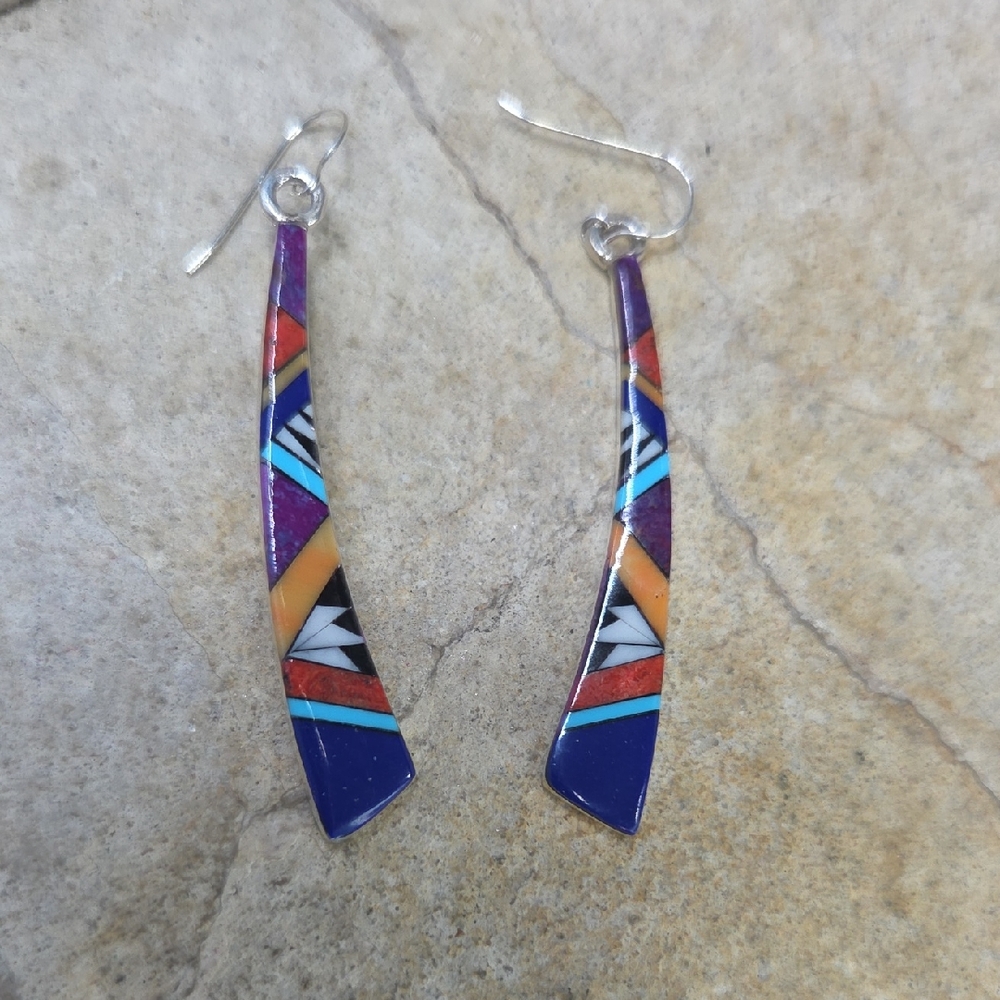 Signed SM Navajo 925 Sterling Silver Earrings Opal Lapis Coral Turquoise